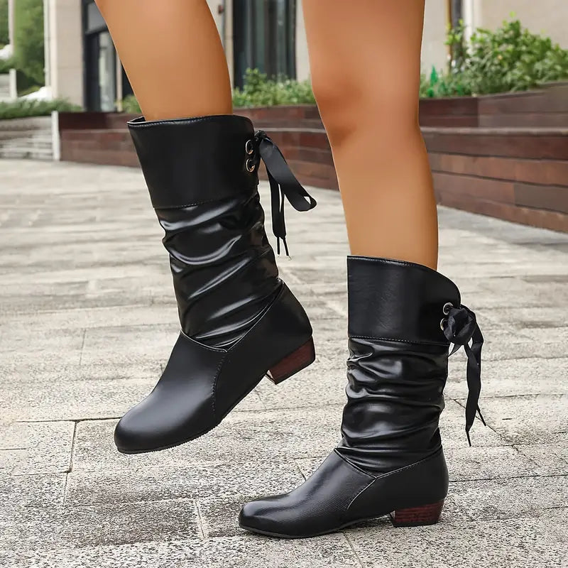 Maika™ | Fashionable women's lace-up boots with chunky mid-calf heels