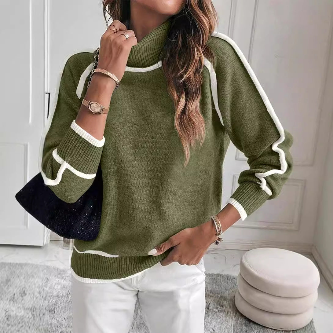 Margaux™ | Pull Tricot Unicolore et Bi-Colore à Col Haut pour Femmes